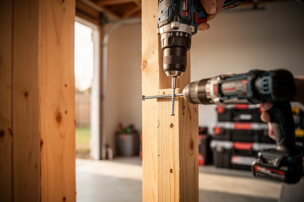 Un trapano avvita una vite in un montante di legno in un garage officina