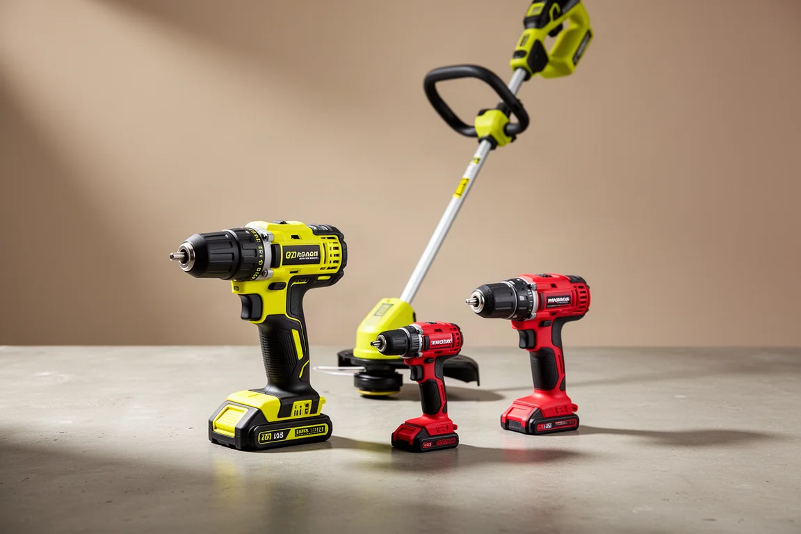 Assorted cordless power tools arranged on a matte concrete surface