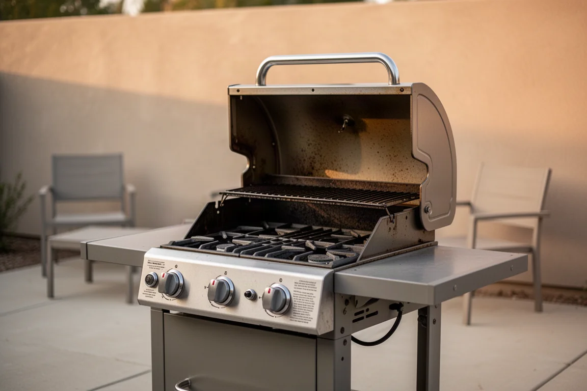 Barbecuescene in de achtertuin met een gasbarbecue met vier branders en overdekt terras