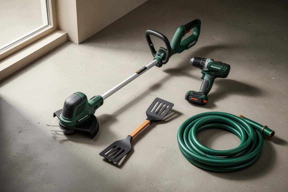 Platliggende compositie van grastrimmer, accuboormachine, barbecue-spade en tuinslang op beton