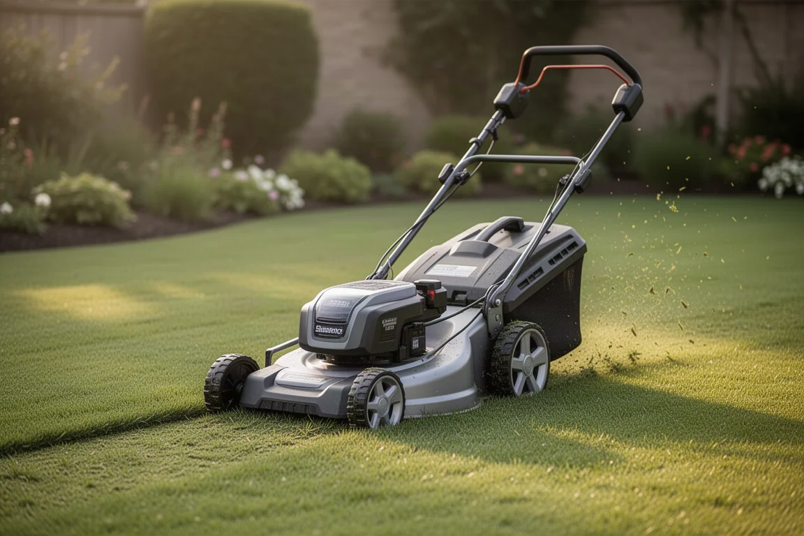Cortacésped inalámbrico cortando un césped verde ordenado bajo una suave luz de primavera