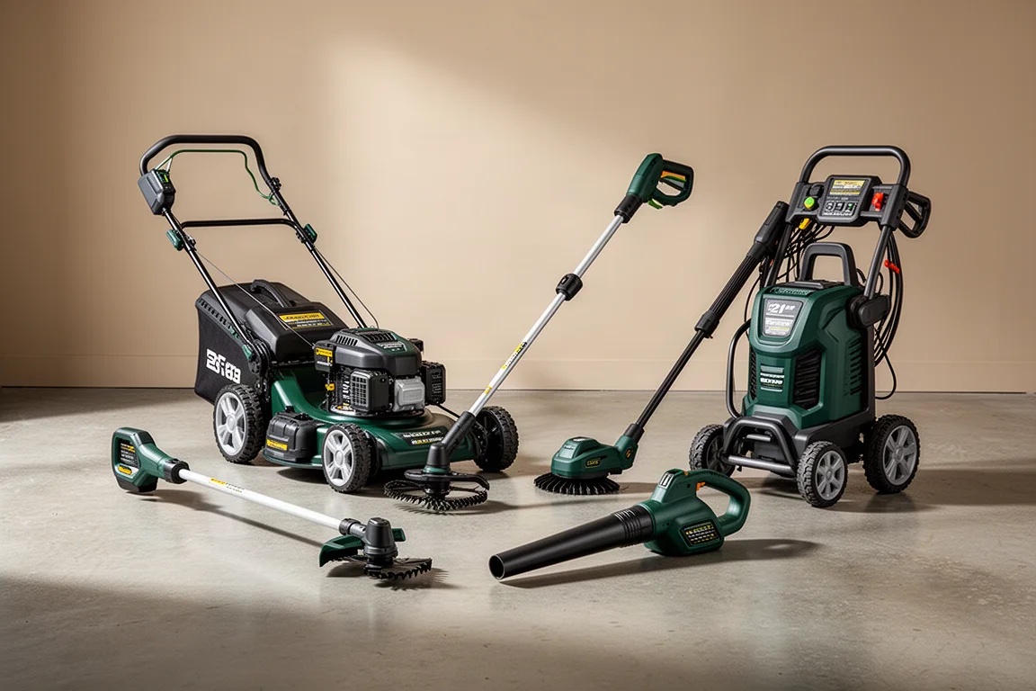 Lawnmower, trimmer, blower, and pressure washer arranged on a concrete floor