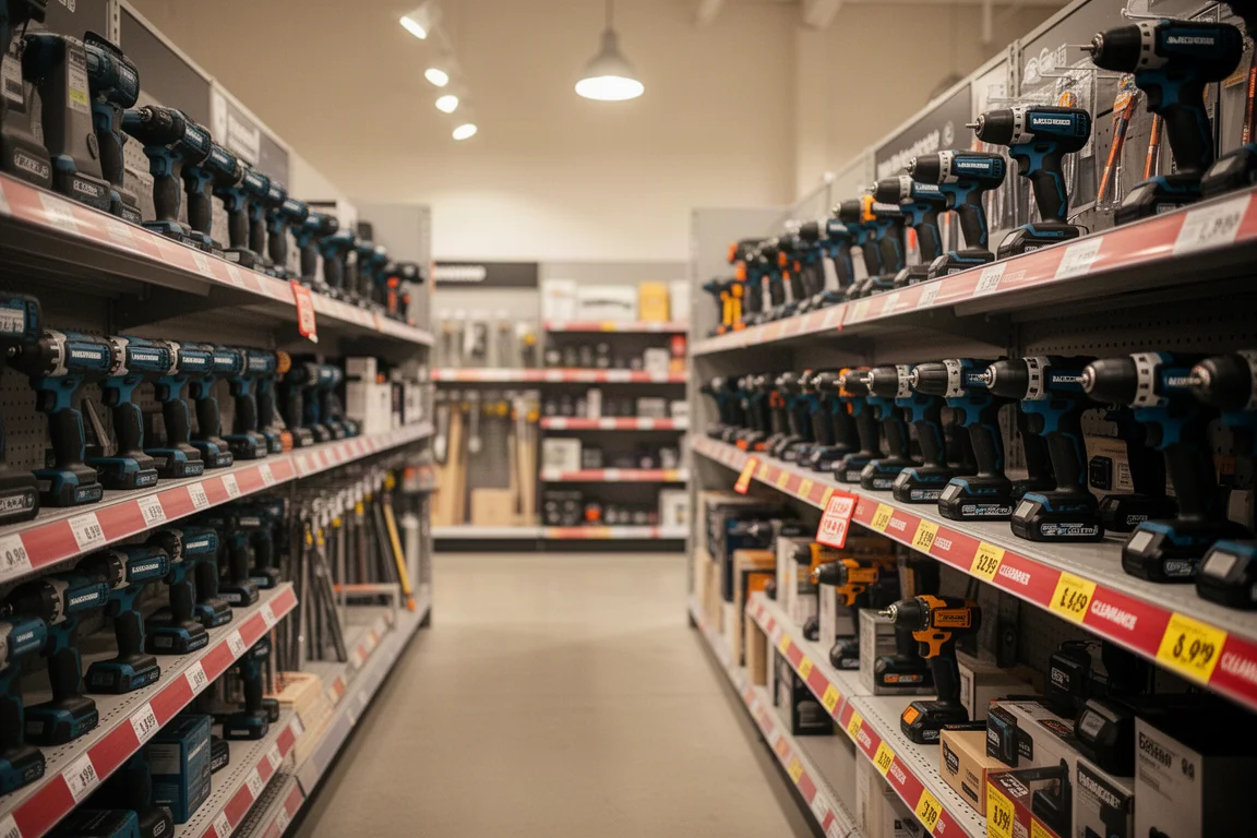 Reparto utensili elettrici in un negozio di bricolage con etichette di saldo