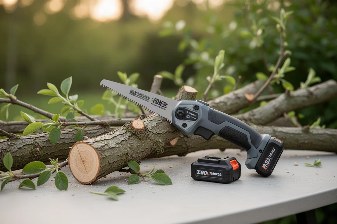 Sega da potatura a batteria che taglia un ramo grosso in giardino