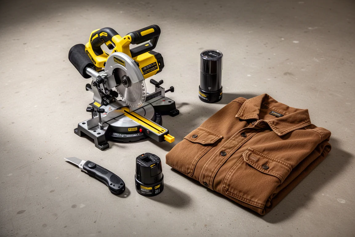 Miter saw, utility knife, batteries, and work shirt arranged on concrete workshop floor