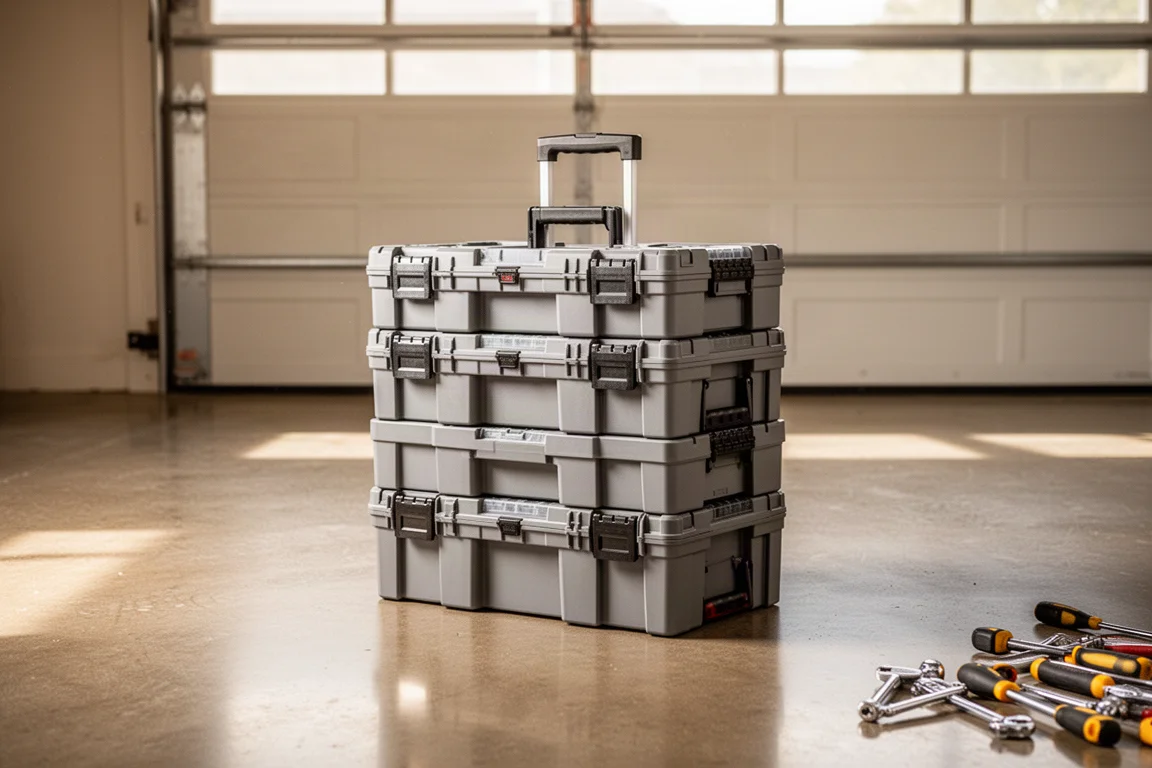 Stackable tool storage boxes stacked on a garage floor