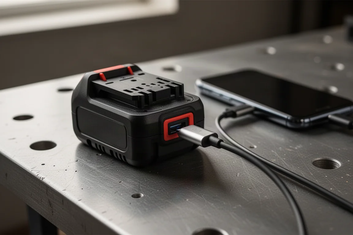 Compact power tool battery charging a smartphone over USB-C