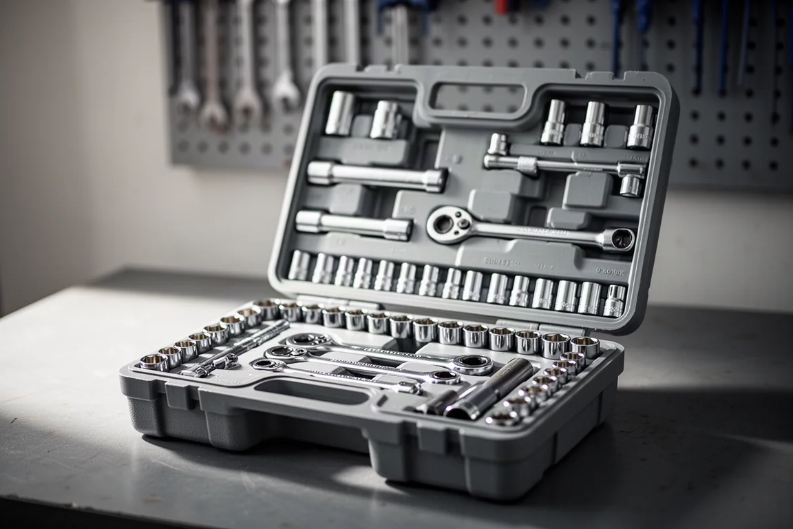 Open mechanic tool set case with sockets organized in trays