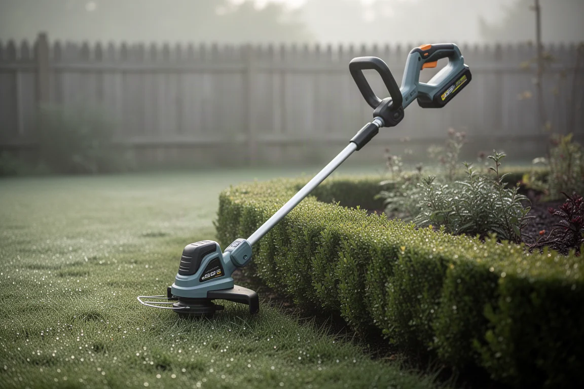 Cordless string trimmer resting against a garden bed edge