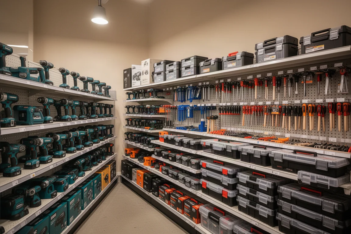 Werkzeugabteilung im Einzelhandel mit Handwerkzeug und Elektrowerkzeug auf voll bestückten Regalen
