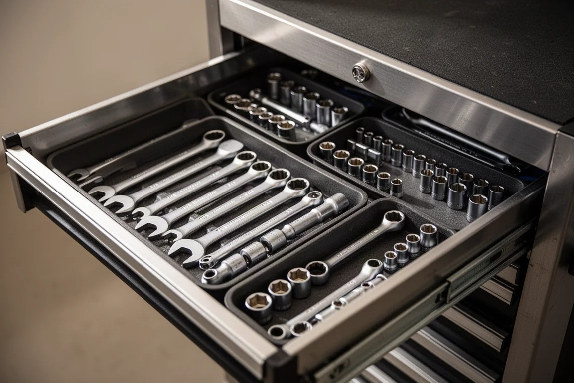 Geöffnete Werkzeugschublade mit sortierten Metall-Einsätzen voller Handwerkzeug