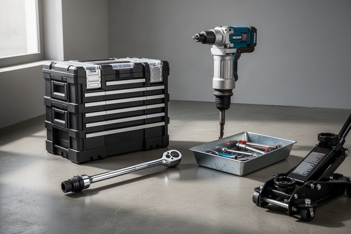 Workshop scene with tool storage boxes, ratchet, demolition breaker, tool tray, and floor jack