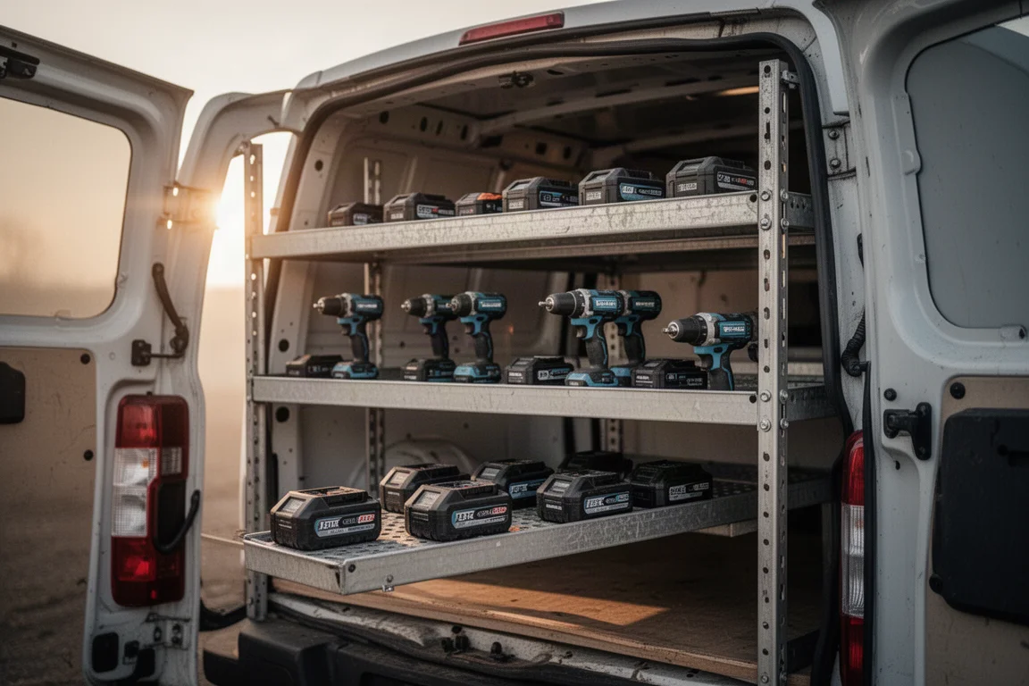 Handwerker lädt akkubetriebene Elektrowerkzeuge bei Morgenlicht in einen Transporter