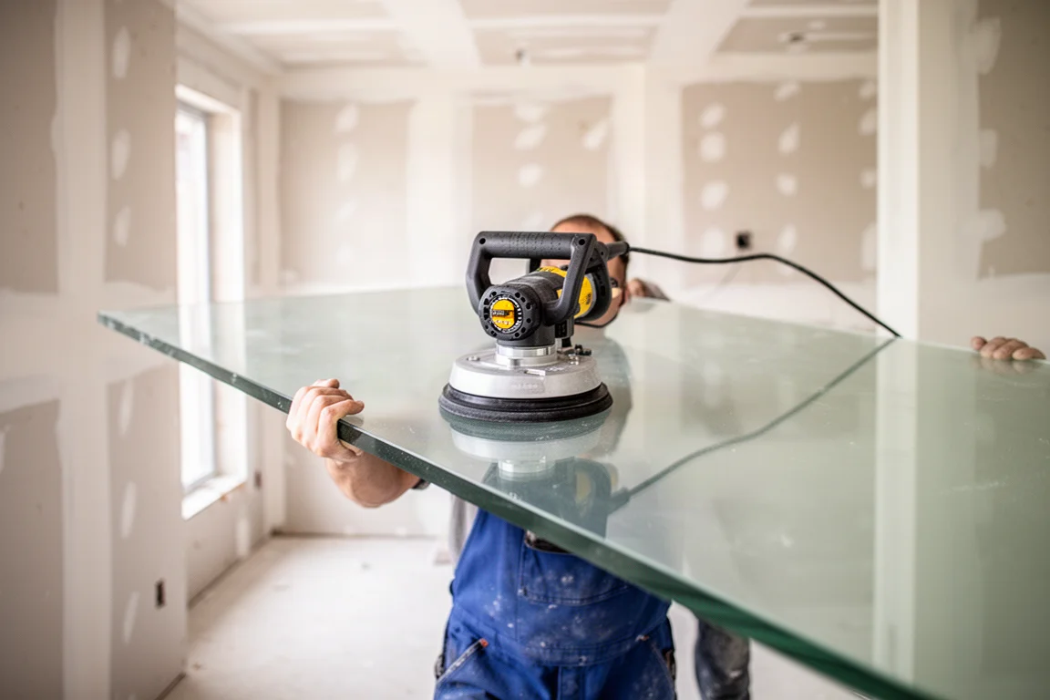 Arbeiter trägt mit einem Saugheber eine große glatte Platte über die Baustelle