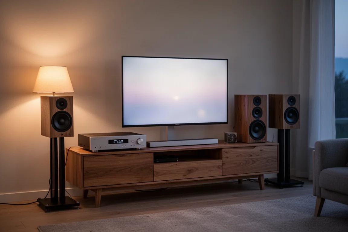 Small living room at dusk with a media console, compact amplifier and bookshelf speakers