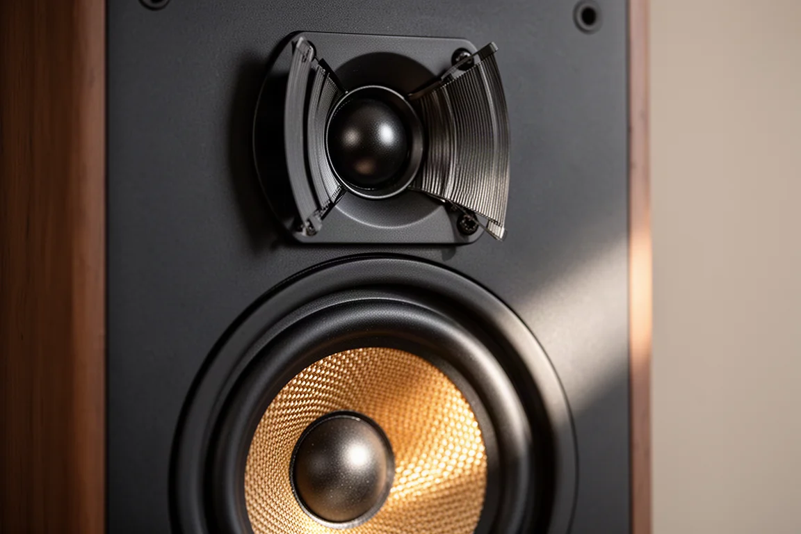 Close-up of a bookshelf speaker ribbon tweeter and woven mid-bass cone in soft light