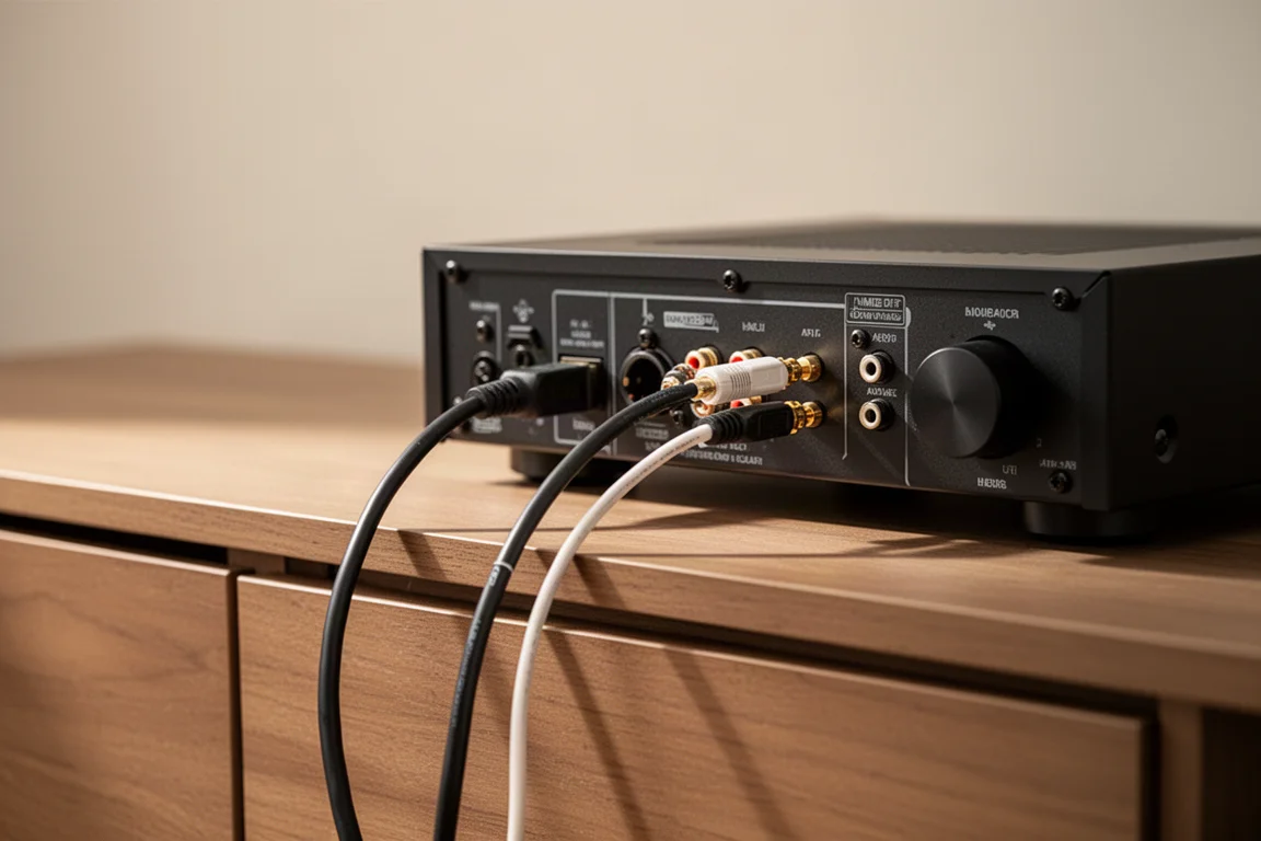 HDMI and optical cables routed behind a media console toward a compact amplifier