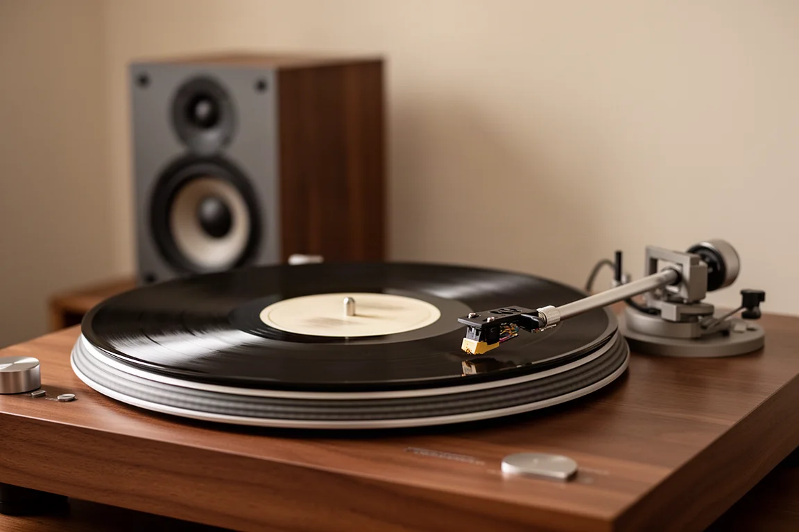 Vinyl record spinning on a turntable with a subwoofer blurred in a warm-lit room