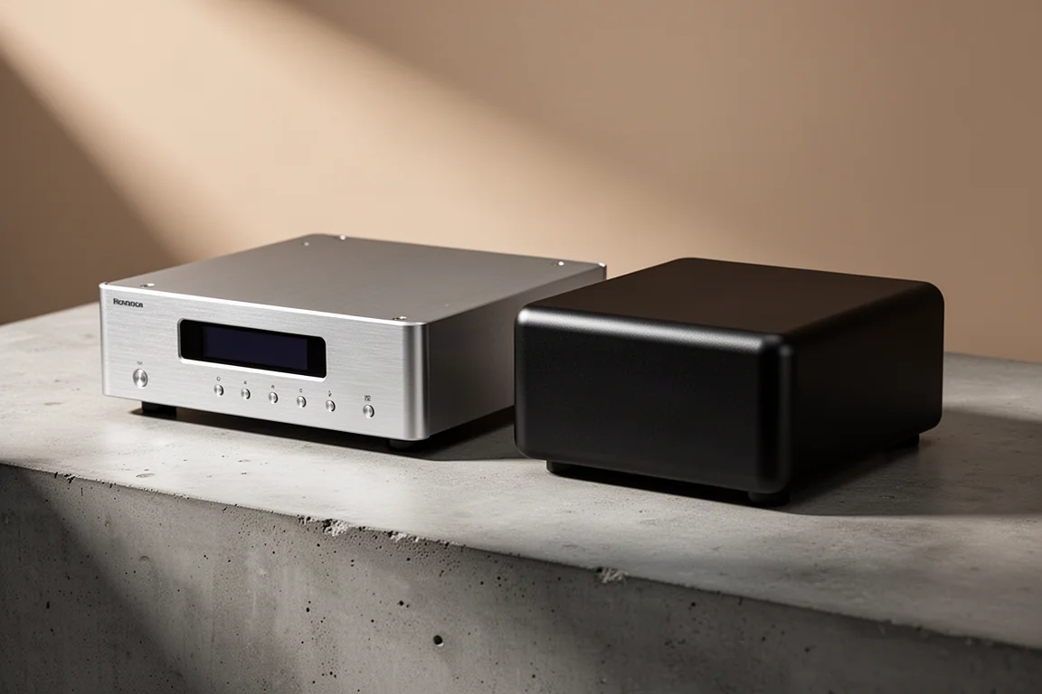 Two compact desktop hi-fi amplifiers side by side on concrete in soft studio light