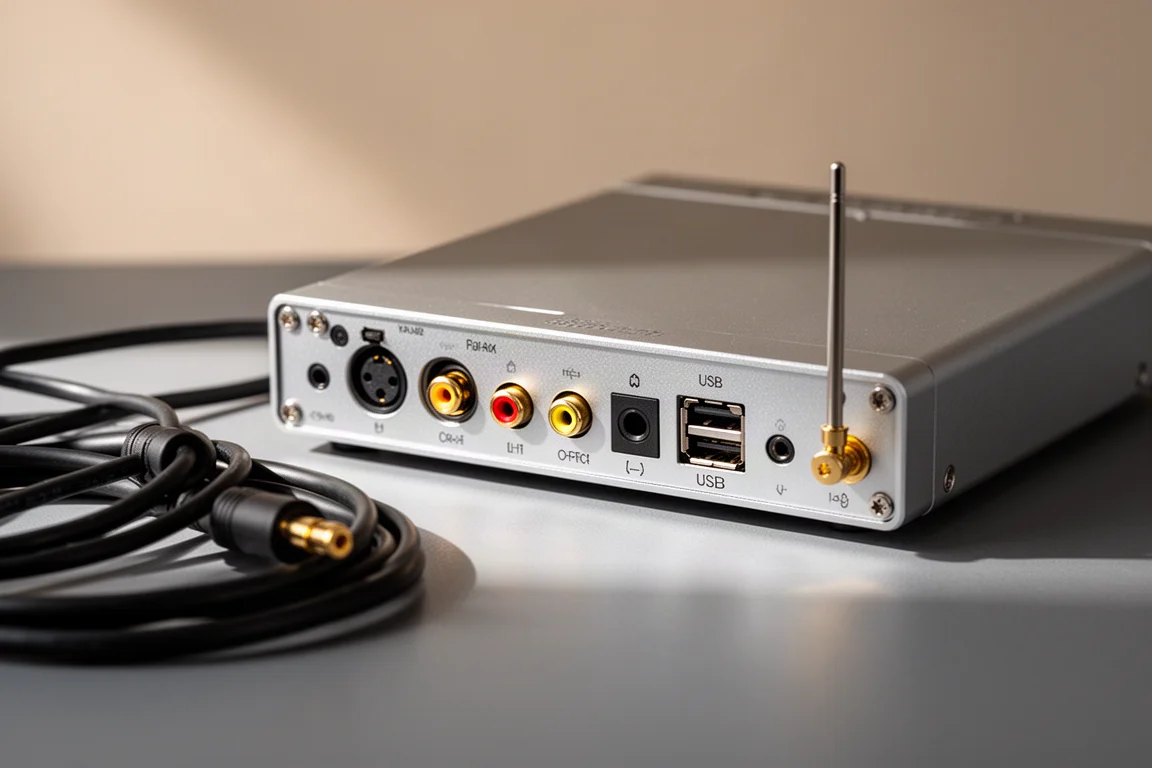 데스크톱 컨버터 후면의 광, 동축, USB 단자 클로즈업