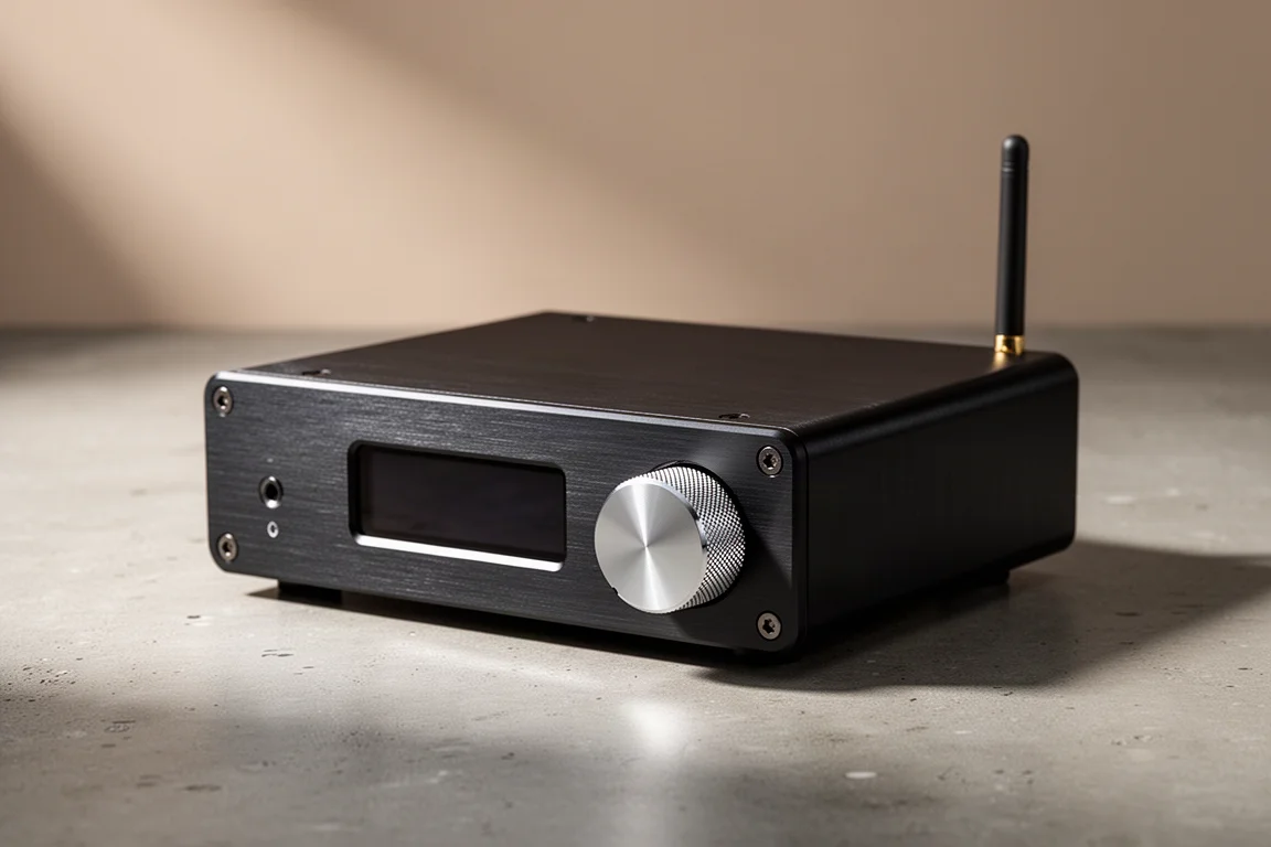 Compact desktop DAC with a volume knob and small display on a concrete surface