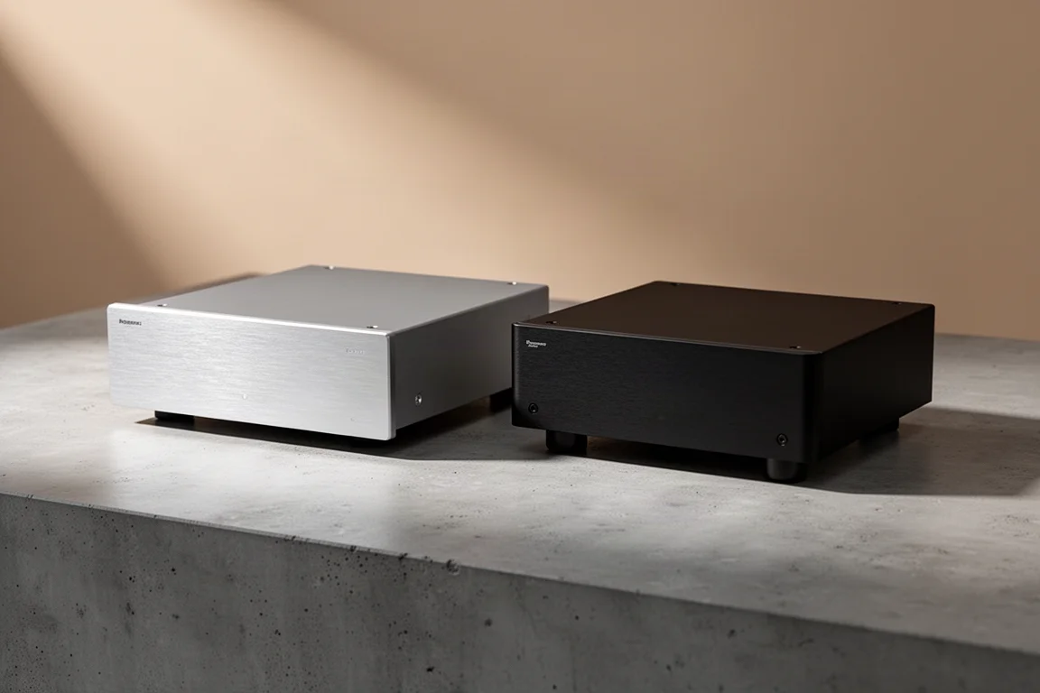 Two compact hi-fi power amplifiers, one silver and one black, on a concrete surface