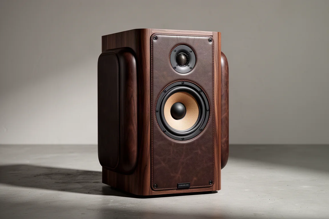 Two-way standmount loudspeaker with wood veneer cabinet and dark baffle cladding