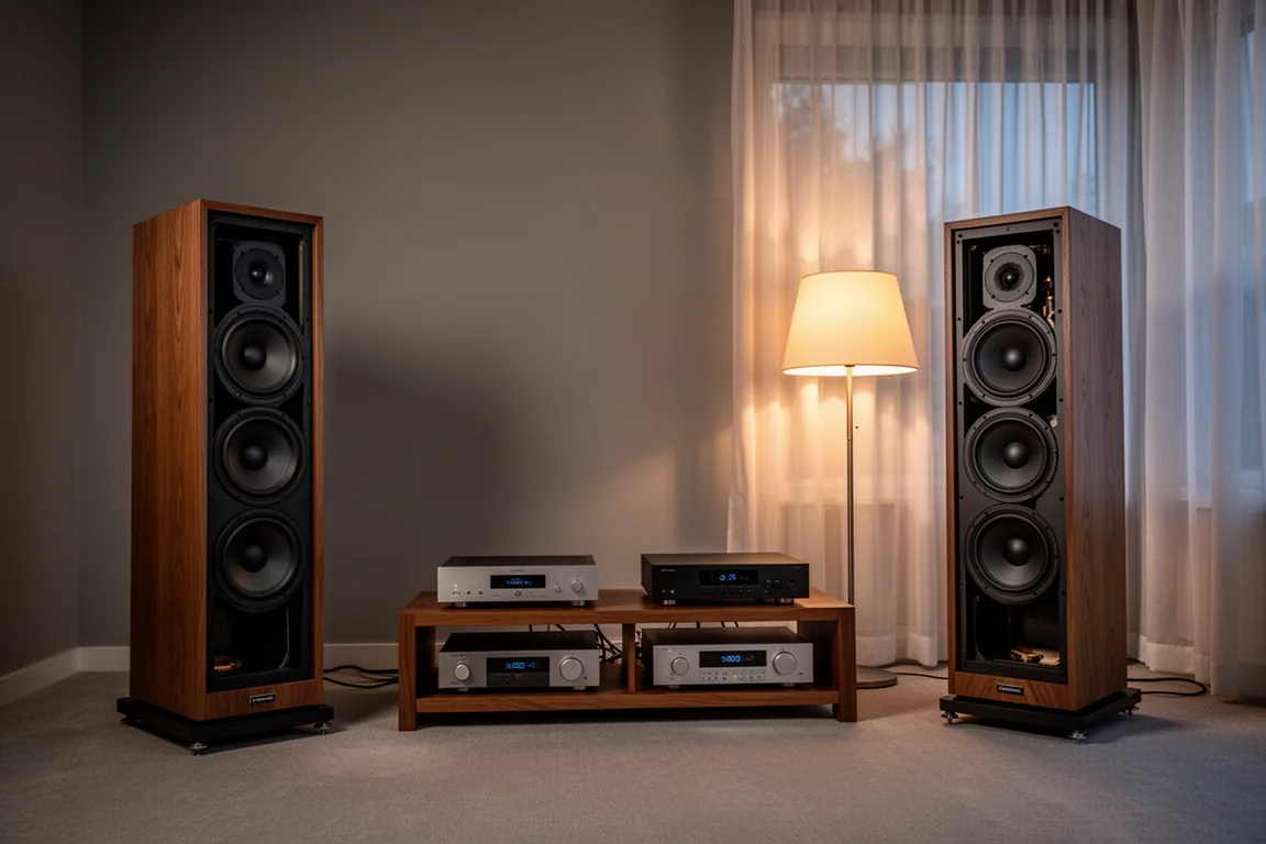 Sala de escucha silenciosa al atardecer con altavoces de baffle abierto y una lámpara de pie cálida