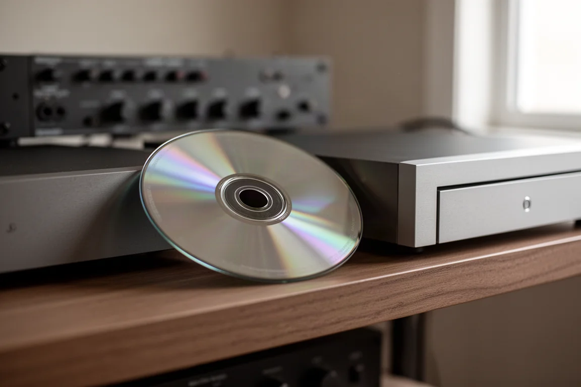 Disco compacto sobre un estante de madera junto a la bandeja de un fino transporte de CD