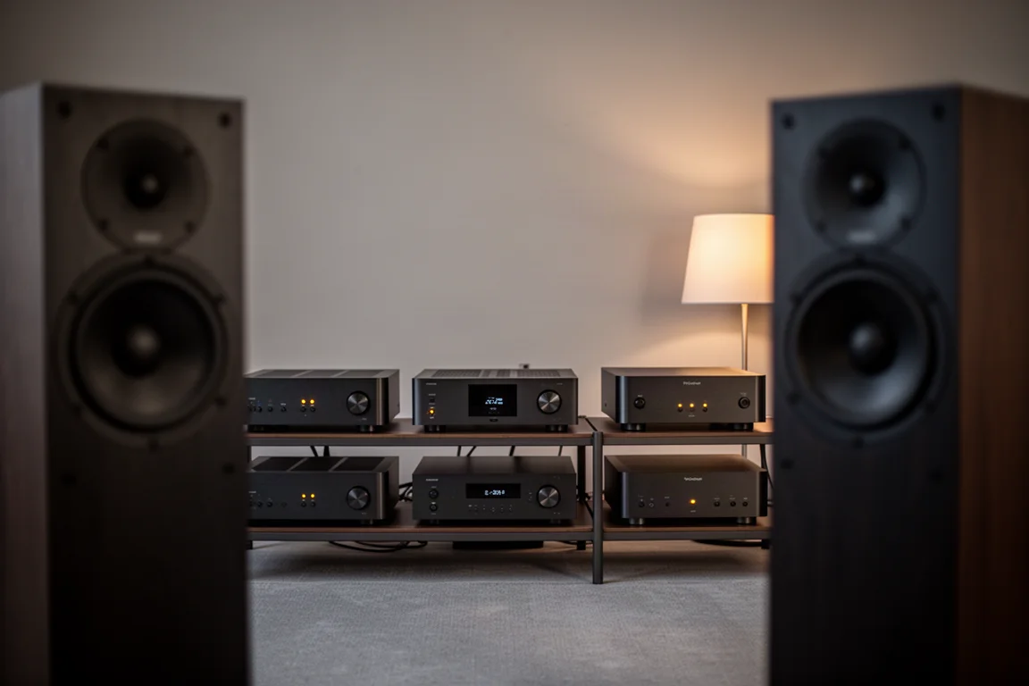 Sala de escucha nocturna con un rack de alta fidelidad, altavoces desenfocados y luz cálida de lámpara