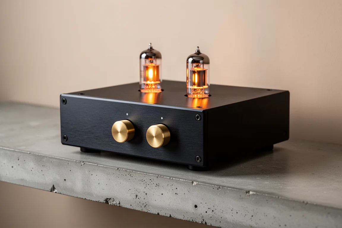 Black tube DAC chassis with two brass buttons and glowing vacuum tubes on a concrete shelf