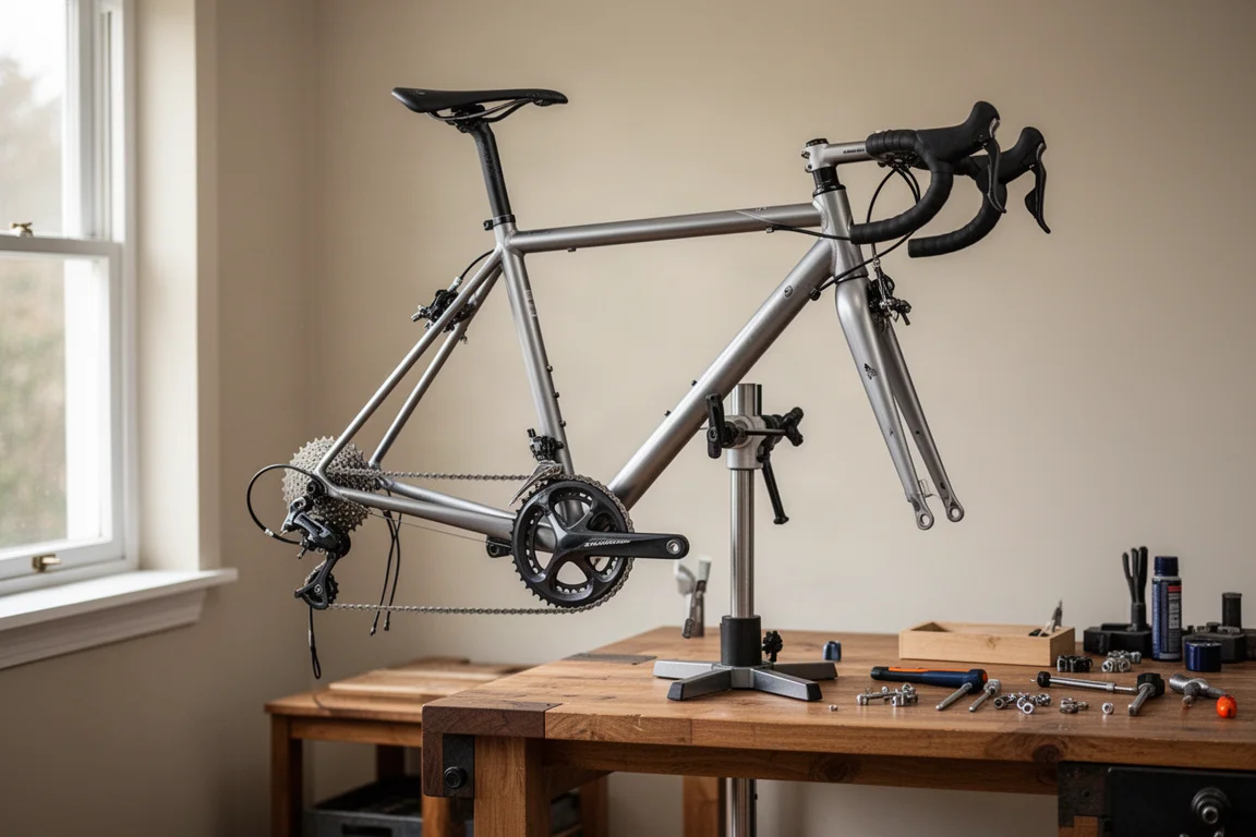 ドライブトレインを一部取り付けた状態で修理スタンドに載った自転車フレーム