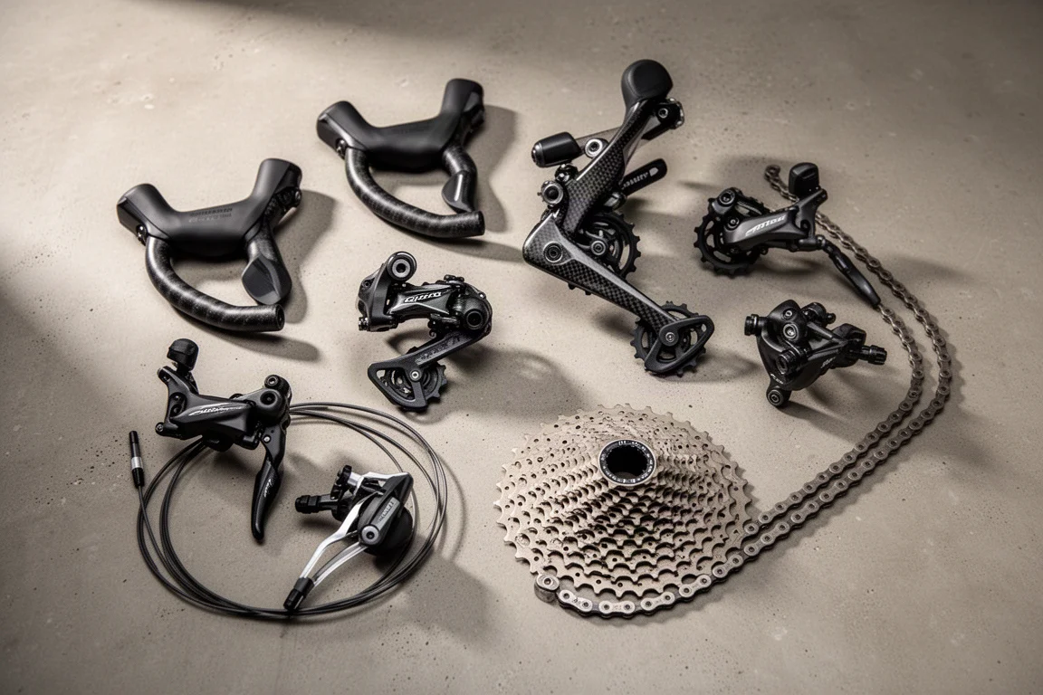 Twelve-speed road bike groupset flat-lay with shifters, derailleurs, calipers, cassette and chain