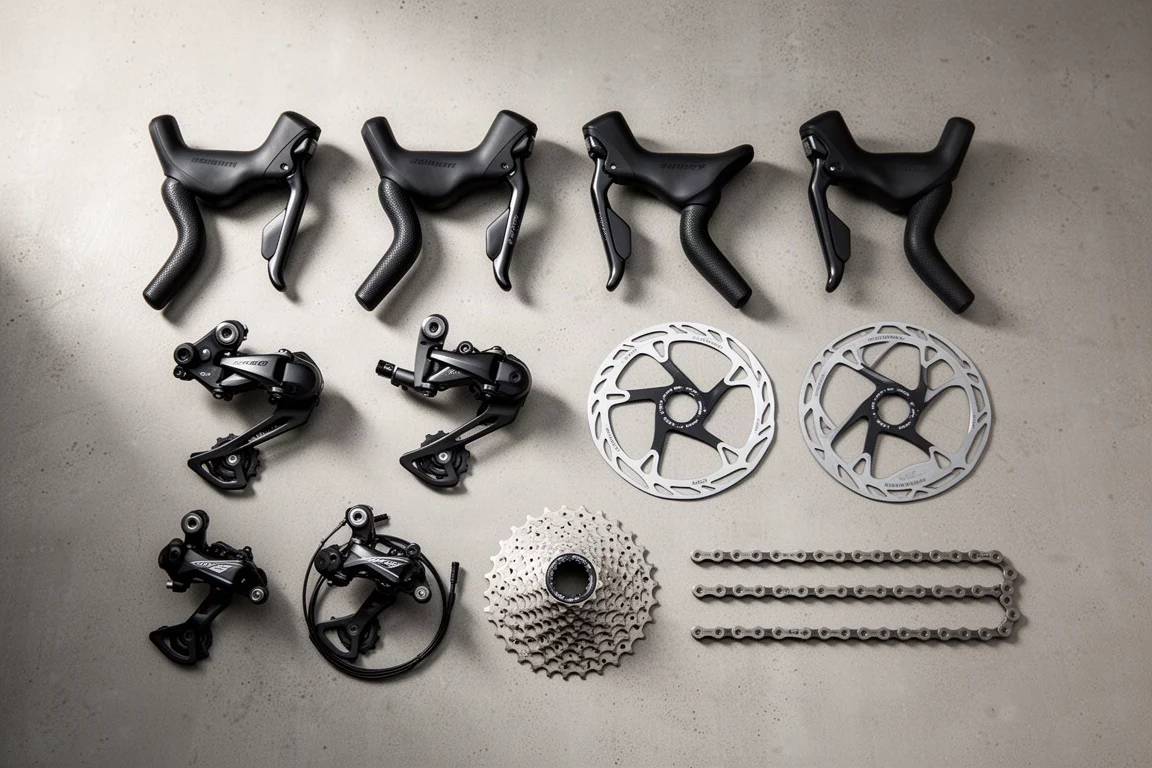 Complete road bike groupset laid out on concrete with shifters, derailleurs, rotors and cassette
