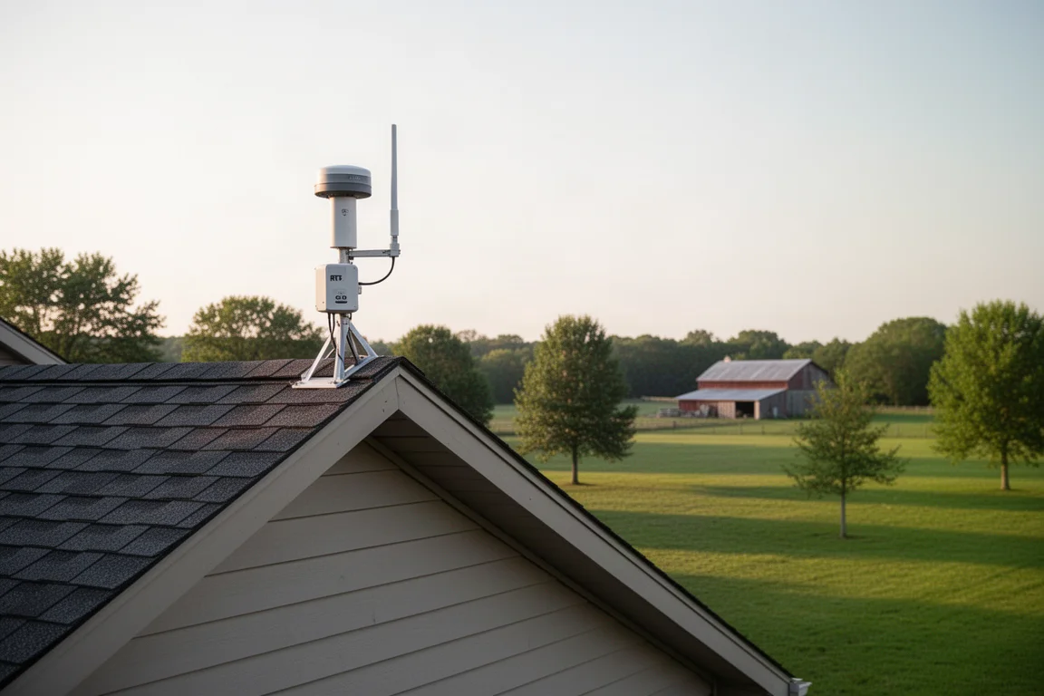 Estação de antena RTK montada no alto do telhado de uma casa sobre um quintal grande