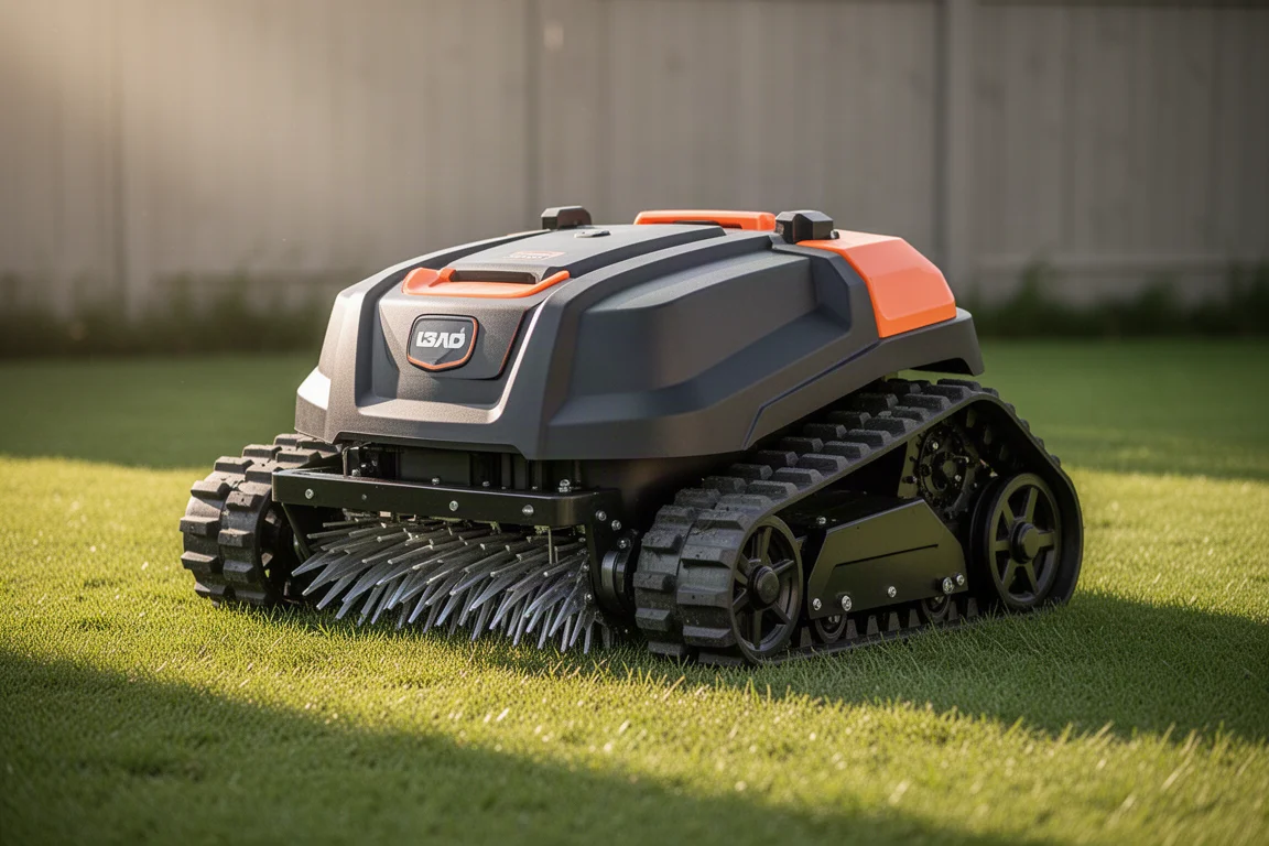 Duża gąsienicowa kosiarka robocza na zadbanym zielonym trawniku