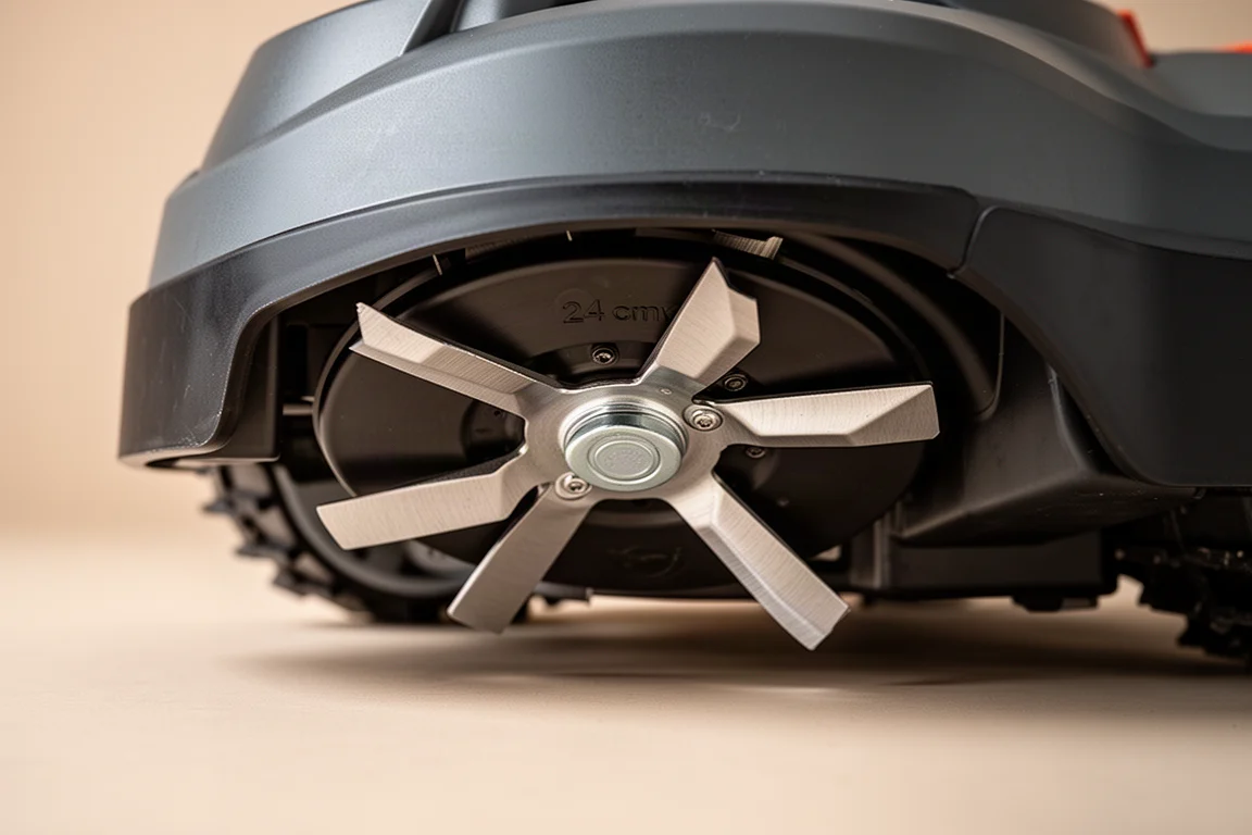 Nahaufnahme des Mähdisks des Roboters mit fünf Messern