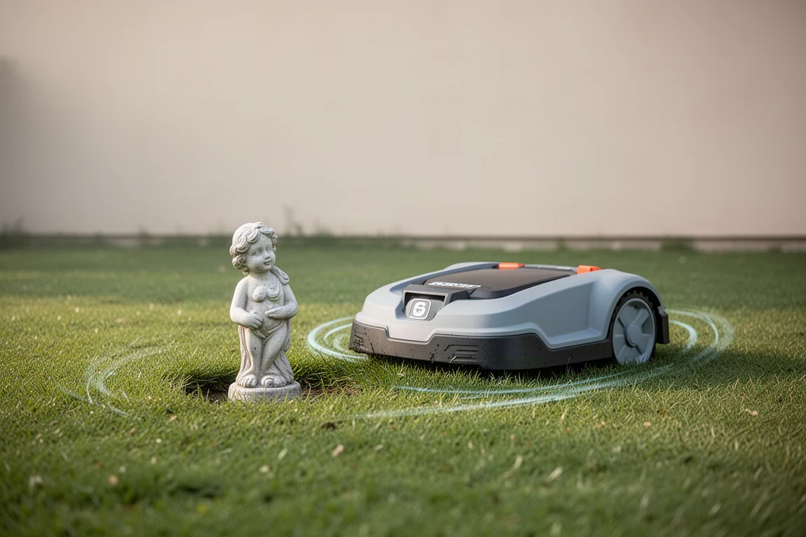 Rasenroboter umfährt ein Gartenhindernis auf dem Rasen