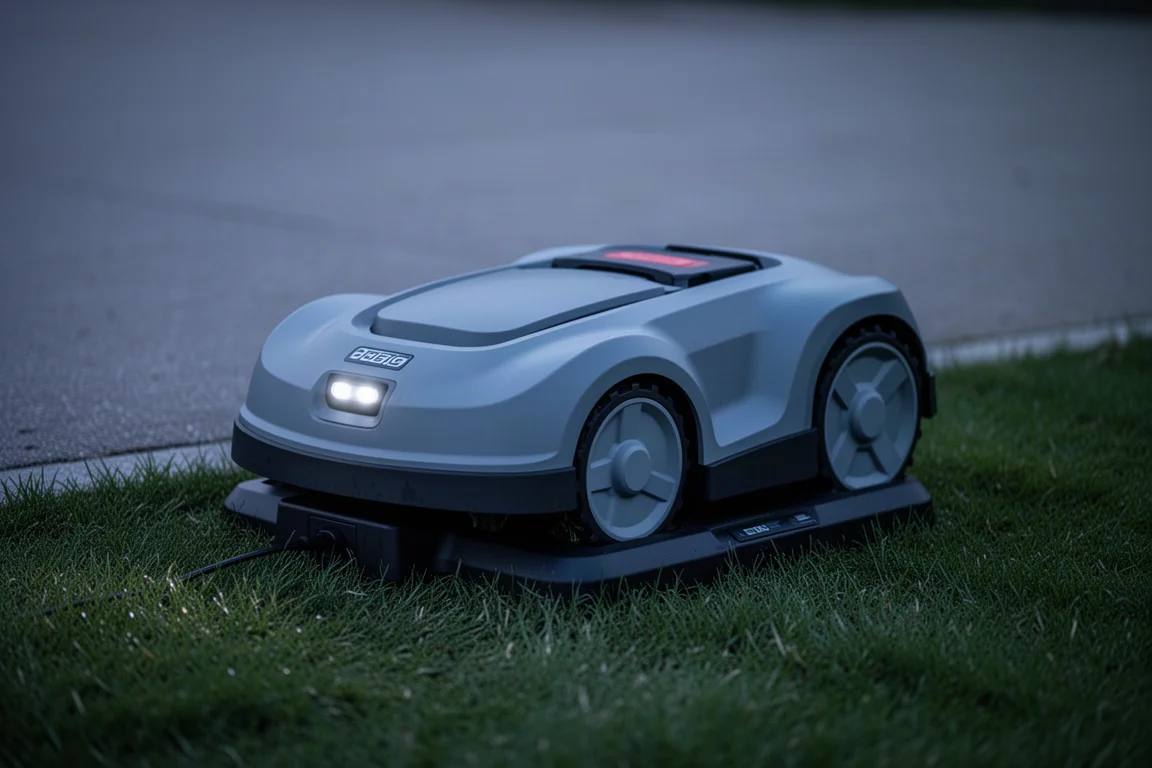 Rasenroboter steht in der Abenddämmerung auf seiner Ladestation