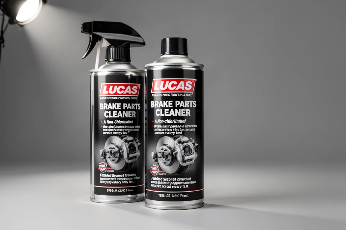 Fourteen aerosol brake parts cleaner cans arranged on a concrete workbench with a steel test plate