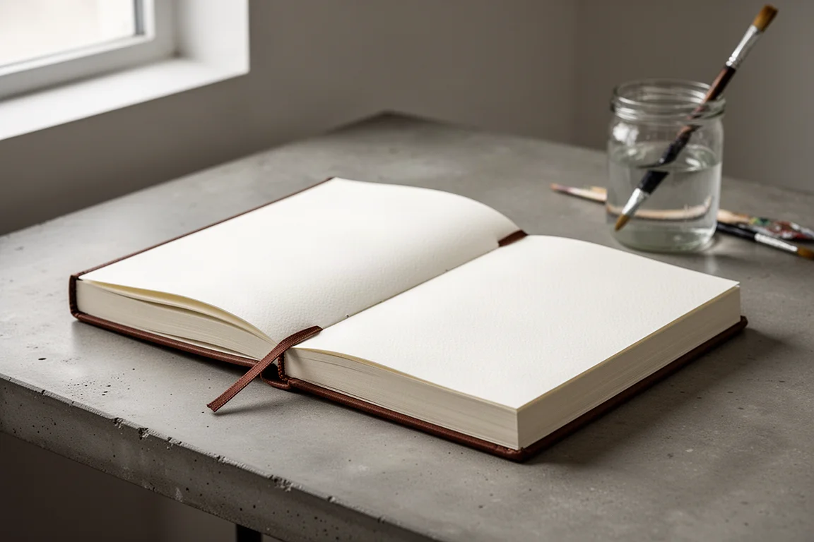 Offenes quadratisches Skizzenbuch mit dickem Papier, perfekt flach liegend auf einem Schreibtisch
