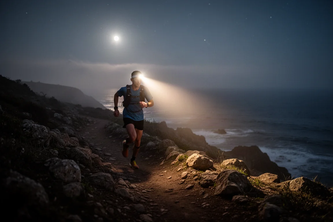 Corredor de trail en un sendero costero oscuro por la noche iluminado por el haz de un frontal