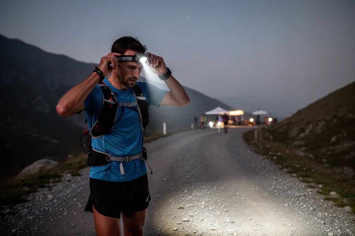 Corredor ajustando la cinta de un frontal durante una larga carrera nocturna