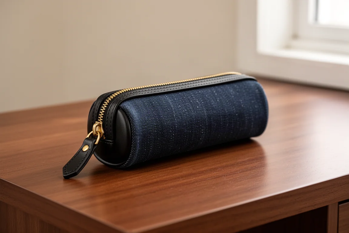 Astuccio tondo sottile con cerniera in pelle nera e denim su una scrivania in legno