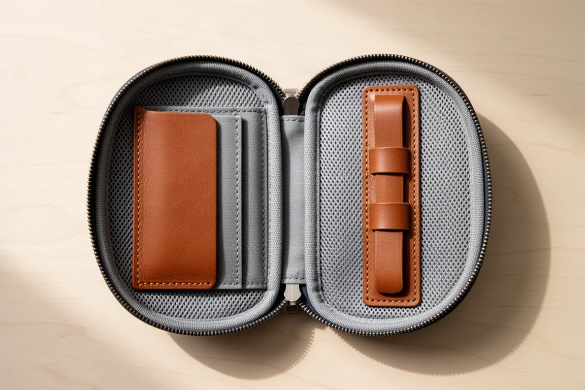 Astuccio aperto con interno in rete e tasche interne
