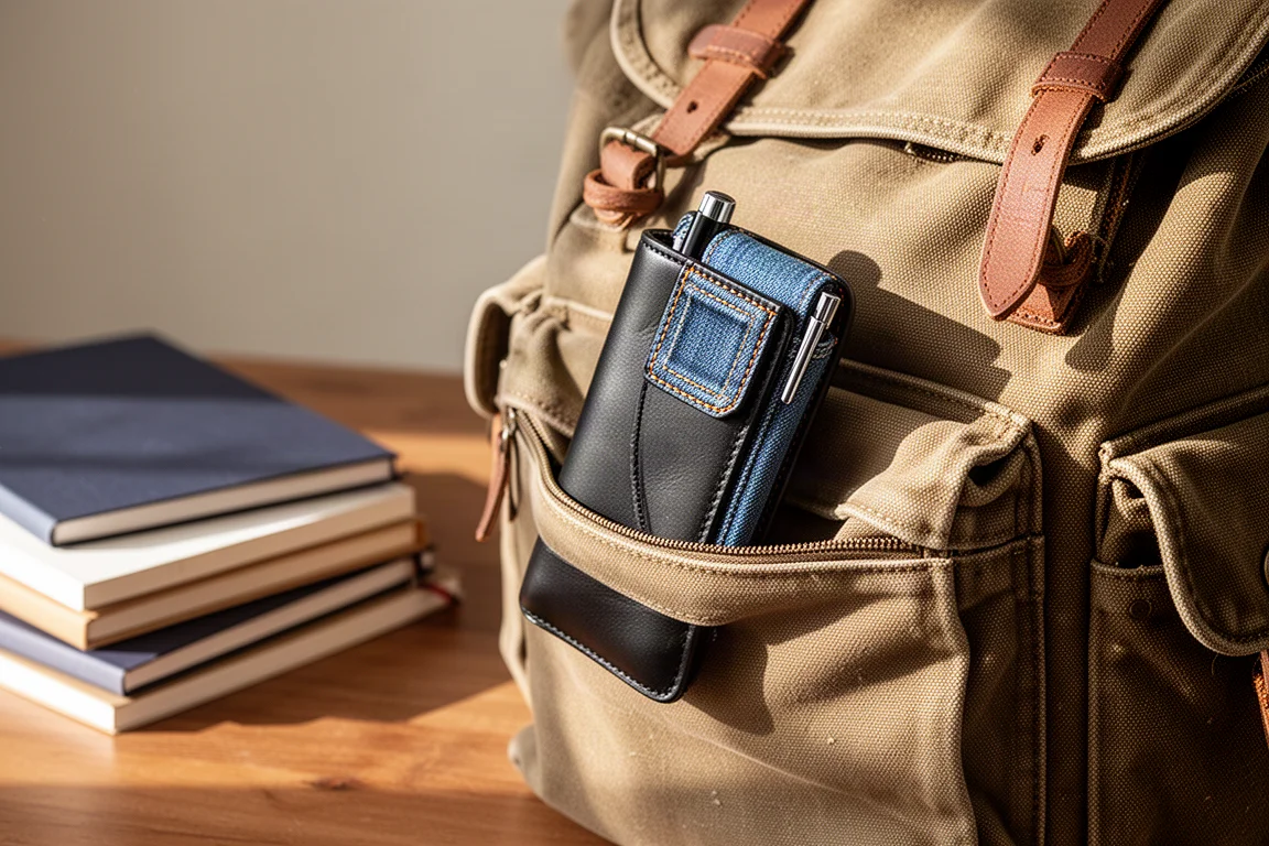 Astuccio che scorre in uno zaino scolastico con quaderni