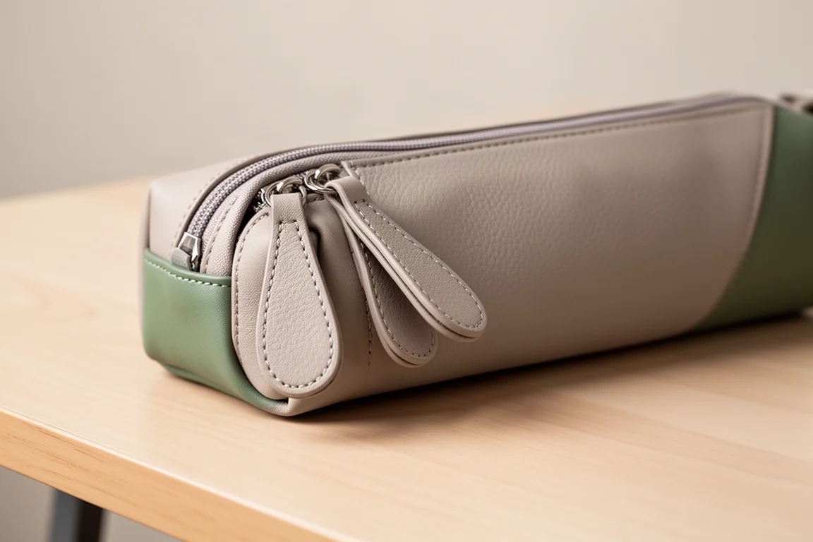 Two-tone PU leather pen case on a desk showing greige body and green side panel