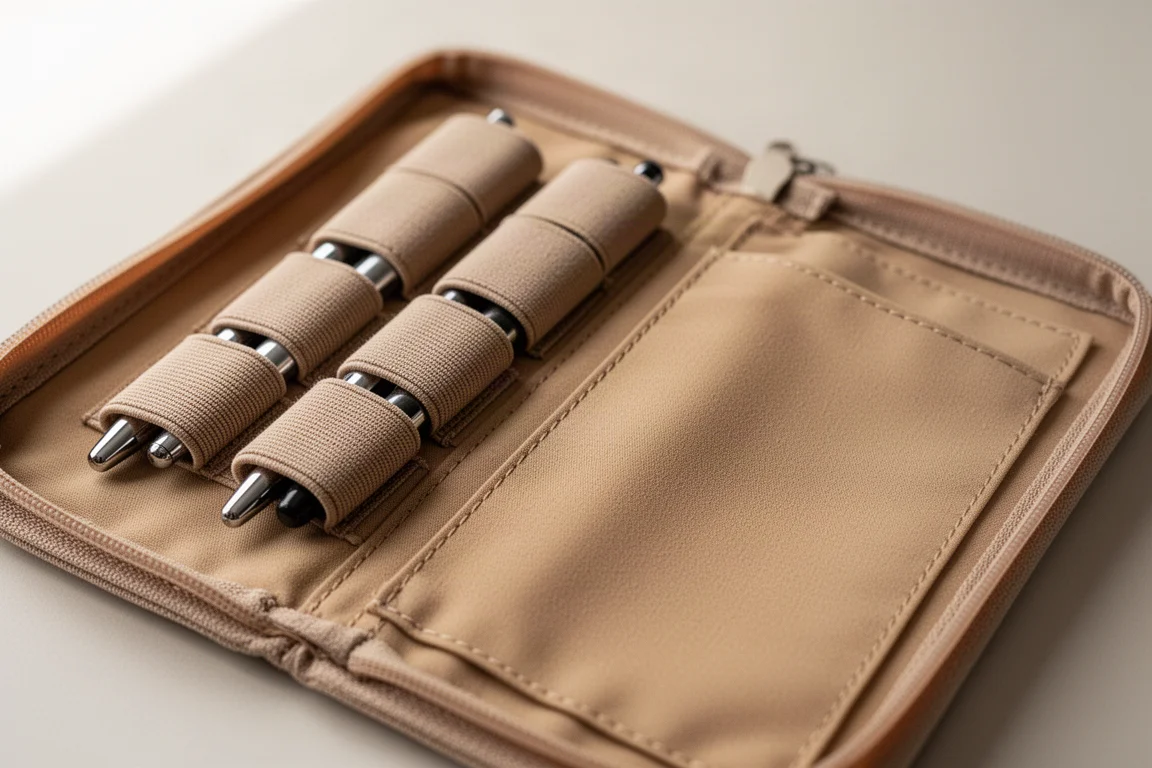 Open pen case interior with elastic pen holders and fabric guards