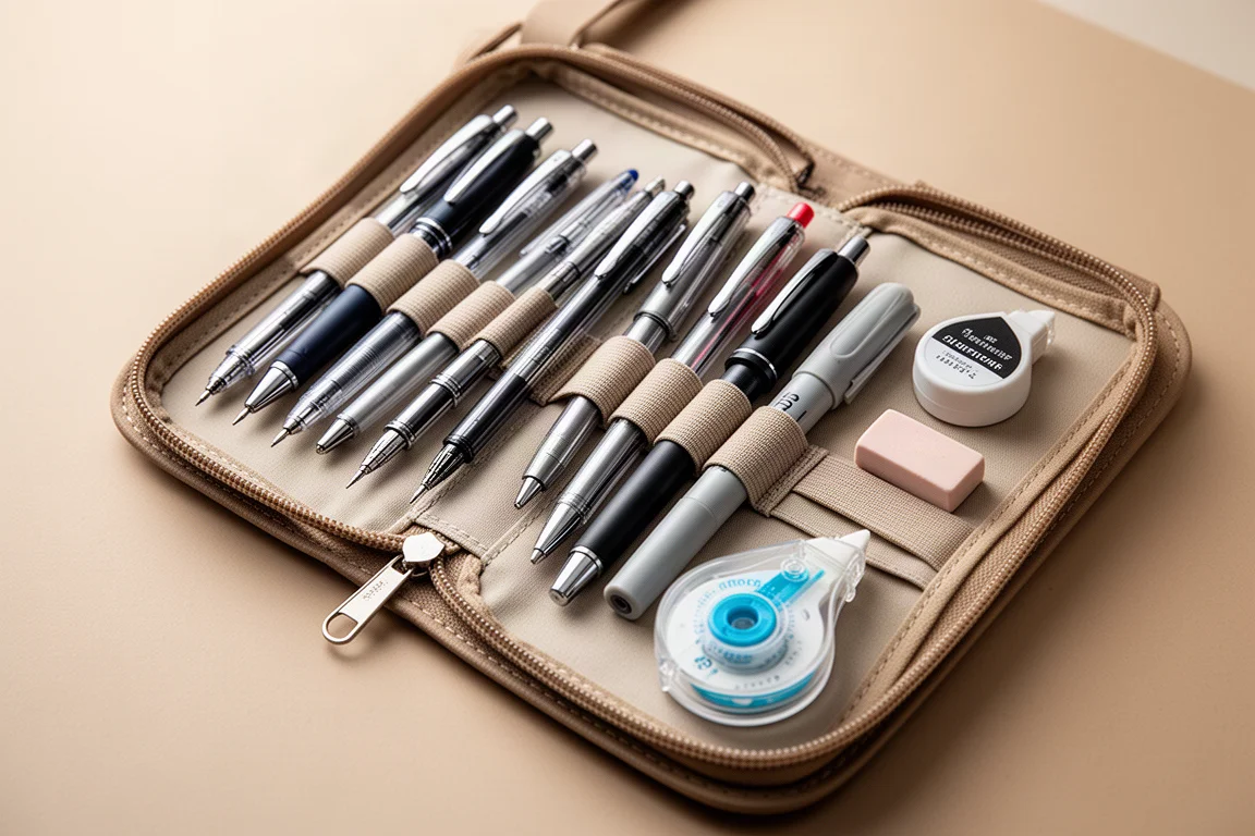 Open pen case fully packed with pens, markers, and stationery on a desk