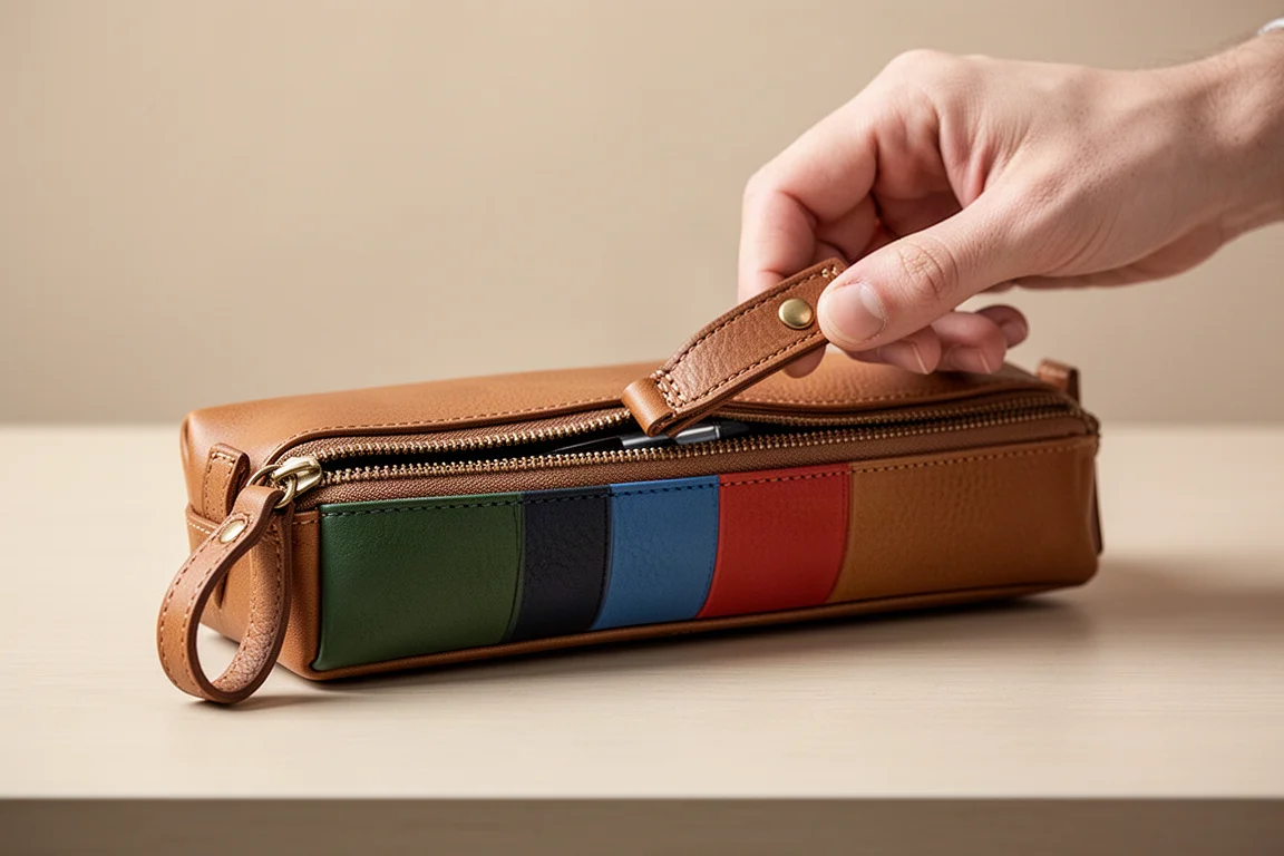 Person unzipping a pen case from the correct side to keep items secure
